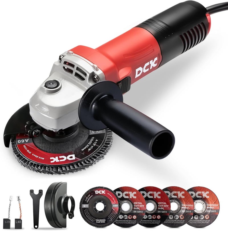 DCK Angle Grinder, 4-1/2-Inch, 6.7Amp Cut off Tool Grinder, 11,800 RPM with 2 Safety Guards, 6-Piece Discs (2 Cutting/2 Grinding/2 Flap Discs), Professional Angle Grinder for Metal, Wood (KSM09-115S） - Image 1
